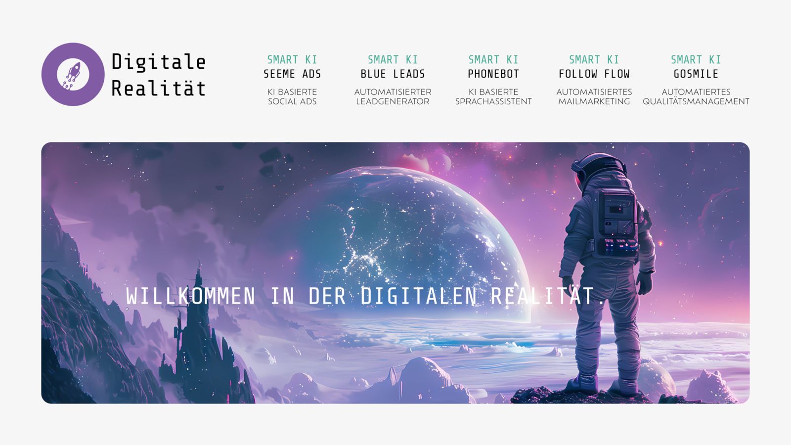Astronaut in einem futuristischen Landschaftsbild mit Planeten und Nebel im Hintergrund.